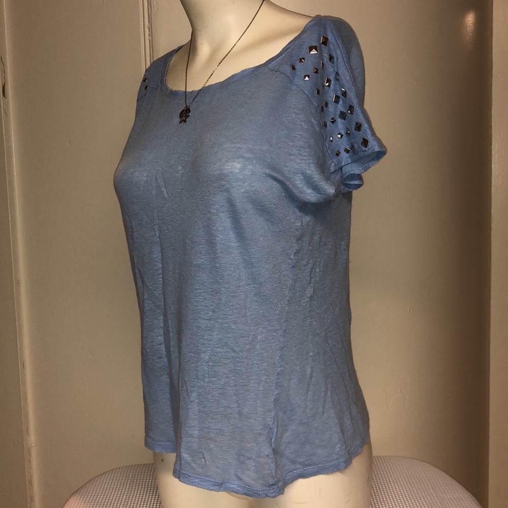 Forever 21 Blue Linen Silver Studded Shoulder Cap Sleeve Top Sz S